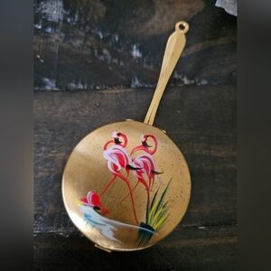 Mid Century Modern Brass Compact Trinket Box with Painted Flamingos